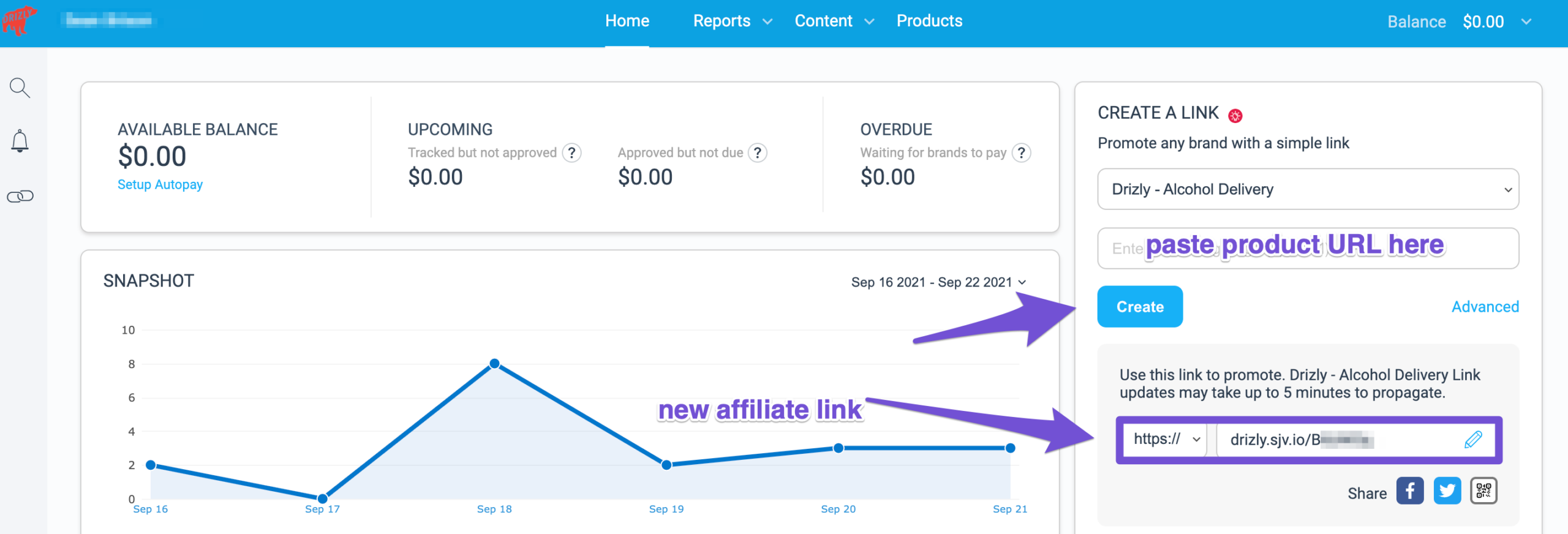 drizly dashboard on impact affiliate network