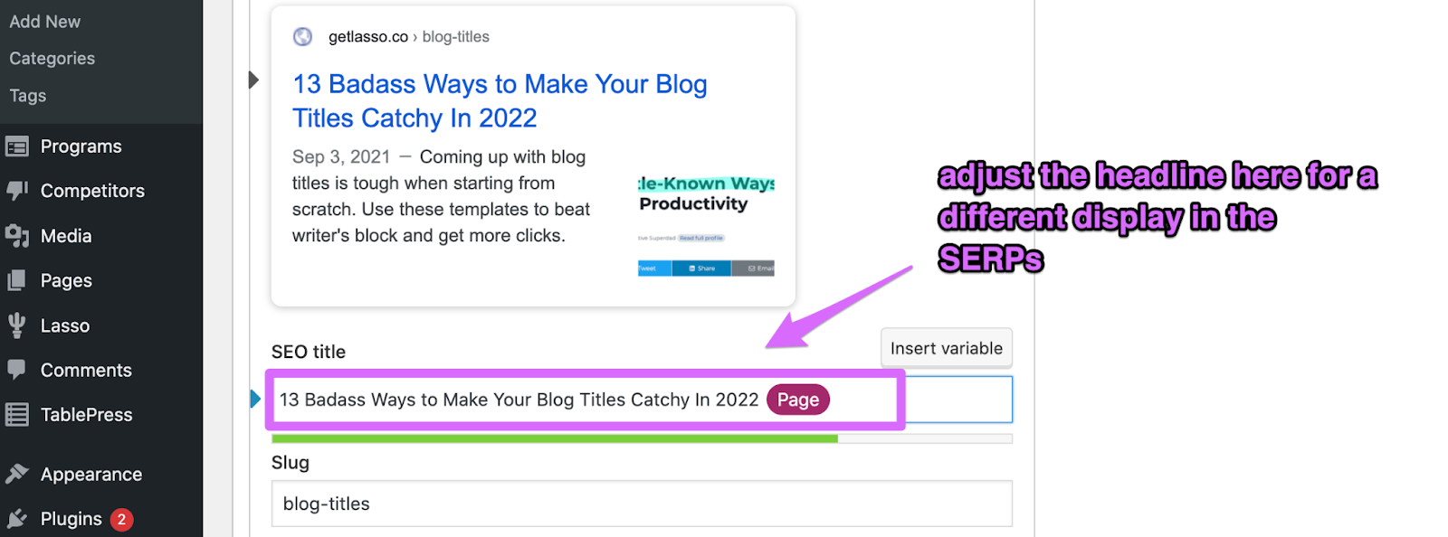 adjusting your title tag in yoast to display in serp inside wordpress post editior at bottom of your draft 