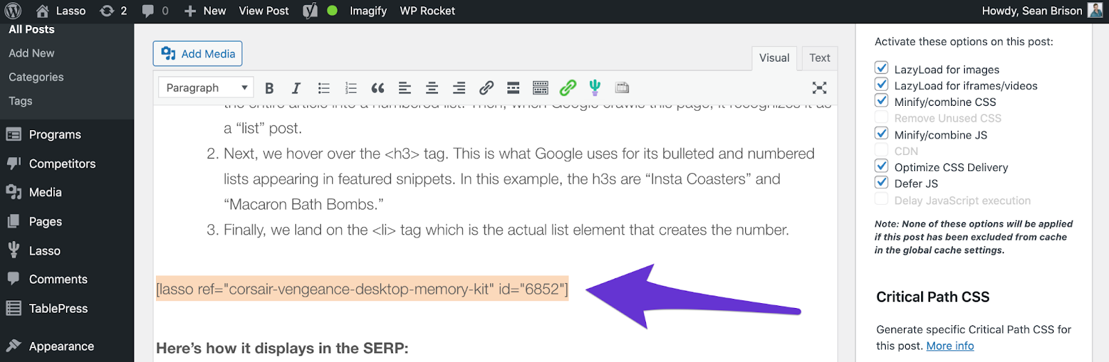 lasso adding shortcode to your post