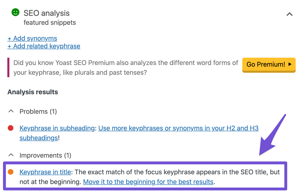 yoast plugin displaying your keyword should be closer to the front of headline in wordpress