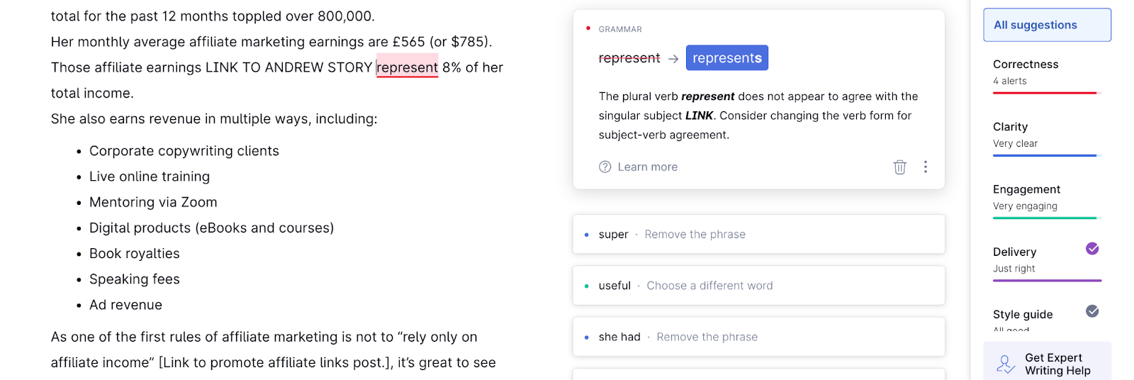 grammarly interface showing grammar errors and clarity engagement and delivery scores in right column of google doc
