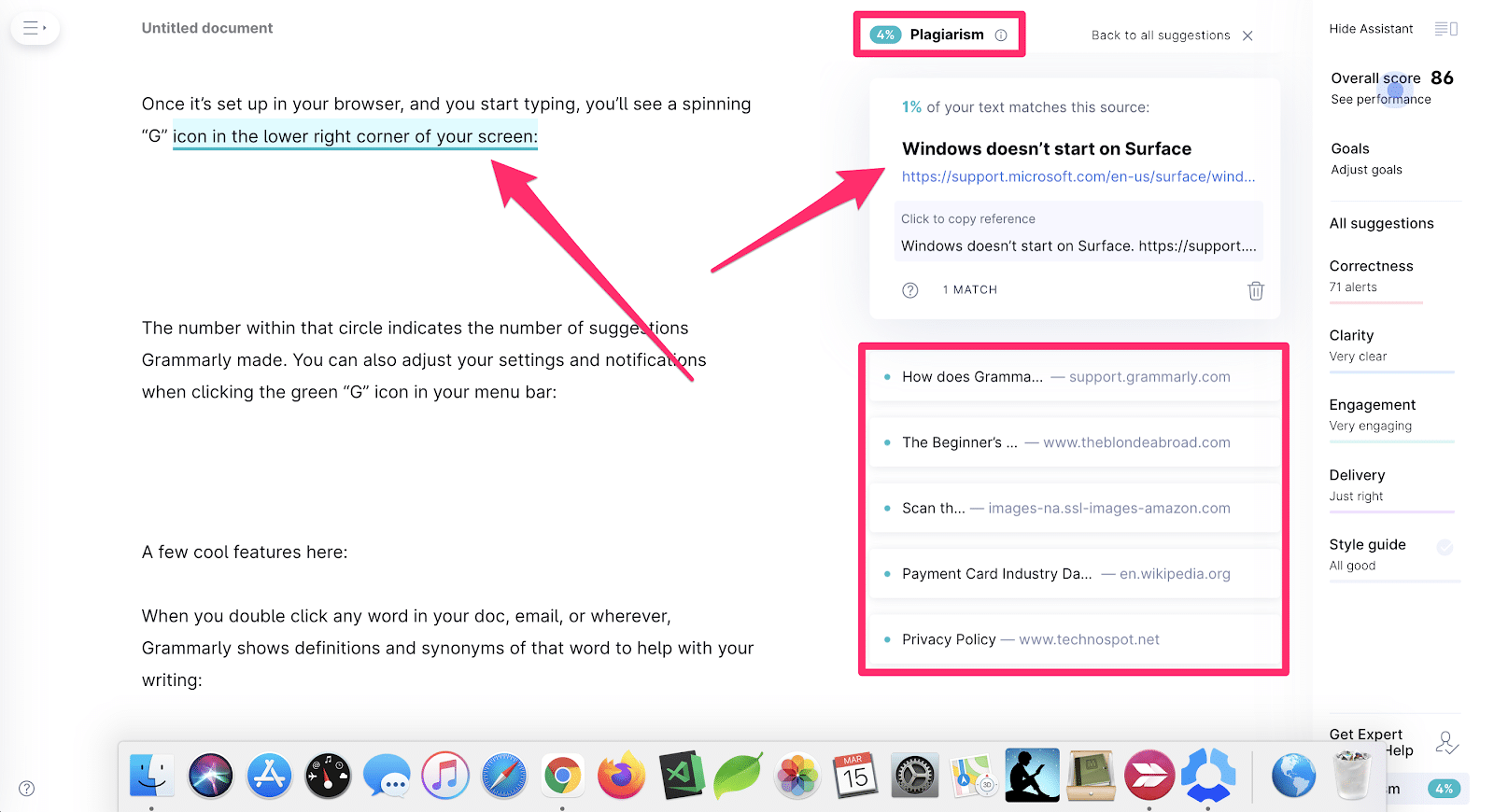 how the plagiarism checker displays in the app for this grammarly review