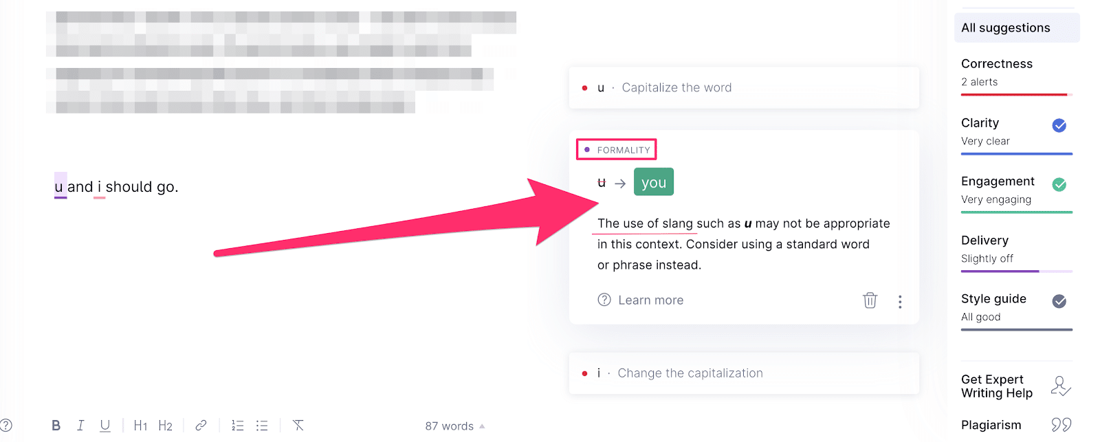 your formality level when writing and how grammarly detects it
