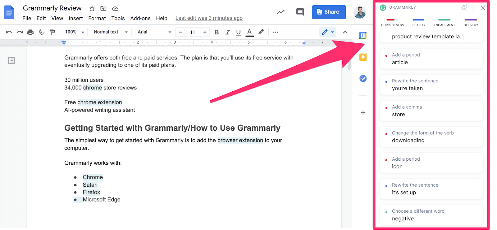 how grammarly appears inside google docs for this grammarly review