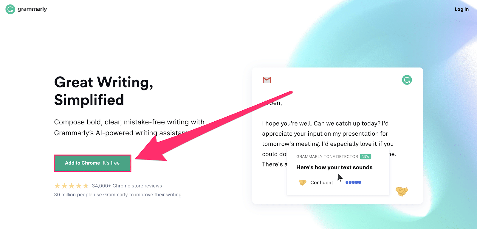 grammarly review featuring homepage with add chrome extension cta