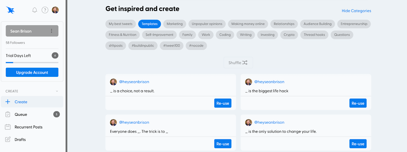 inside hypefury dashboard looking at quote generator and tweet templates