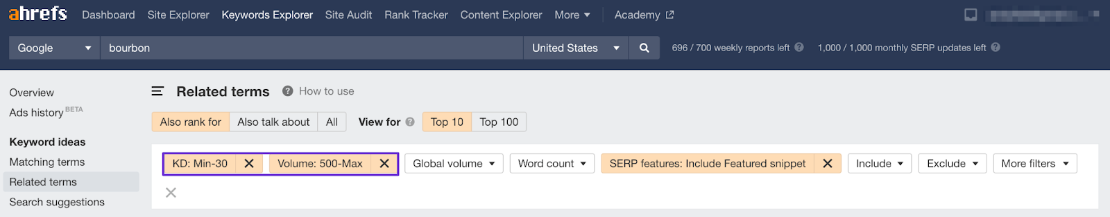 keyword filters in ahrefs with low kd scores
