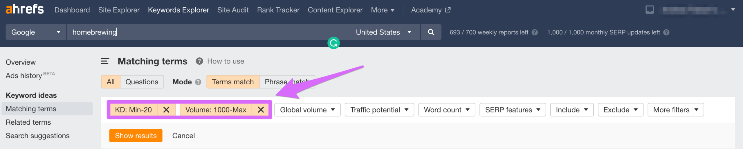 setting keyword filters and search volume filters in ahrefs