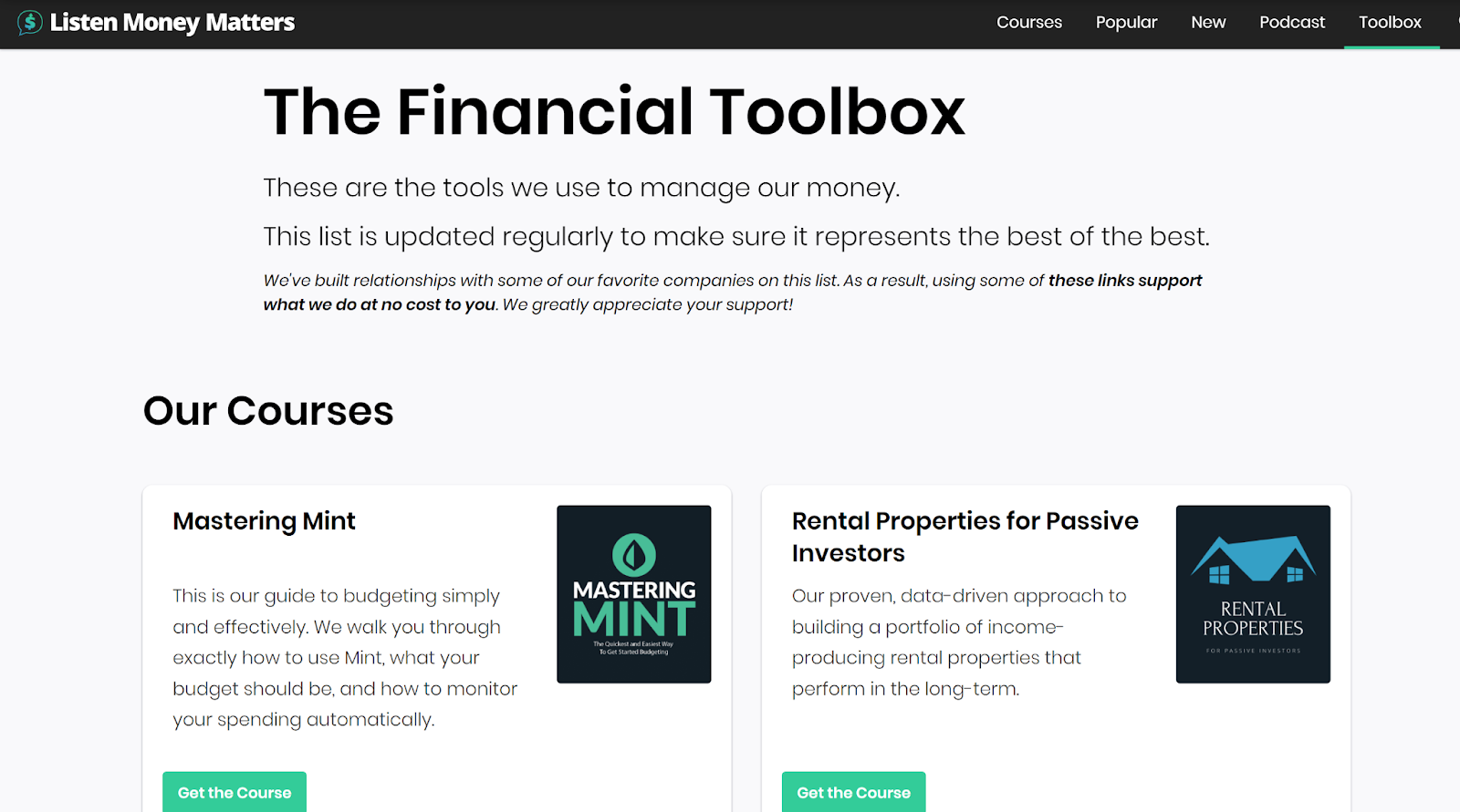 Listen Money Matters Toolbox example resource page