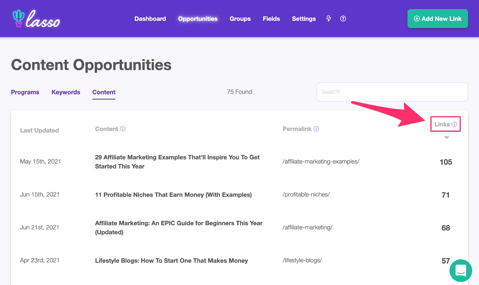 click opportunities and lasso shows you your content from highest to lowest number of outbound links both monetized and unmonetized in right column