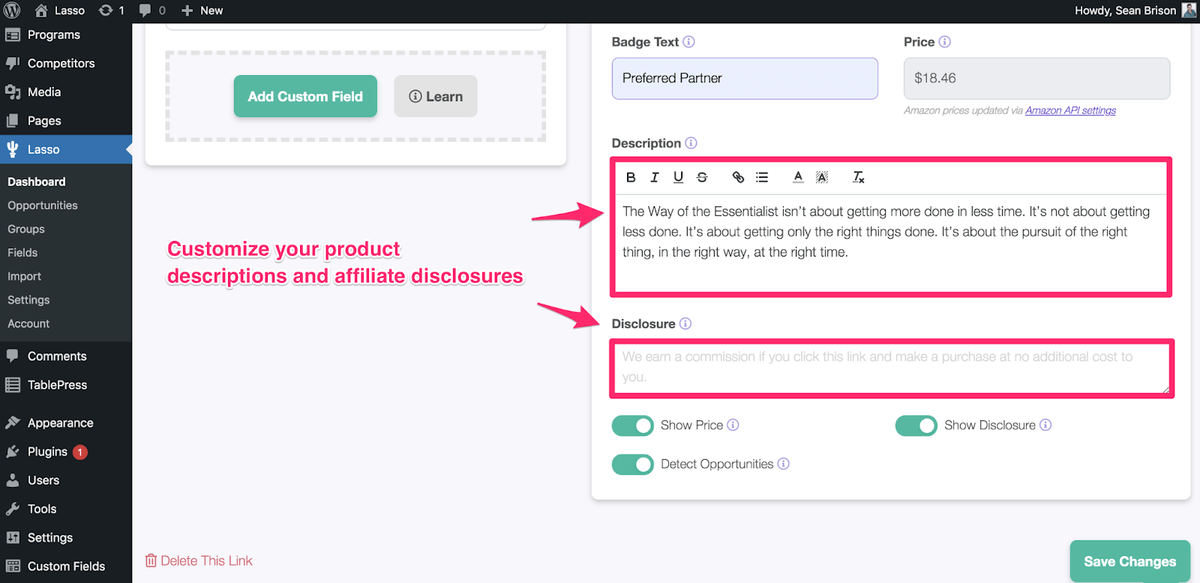 scrolling down lasso product page annotated  where description and disclosure are
