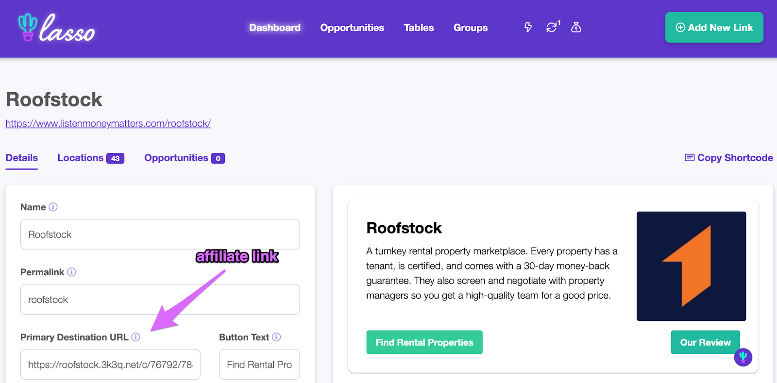 Link details page for roofstock affiliate on listen money matters 
