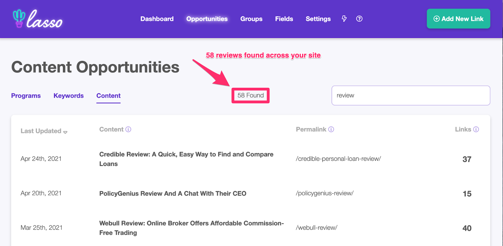58 content opportunities found with the word review displayed in the title