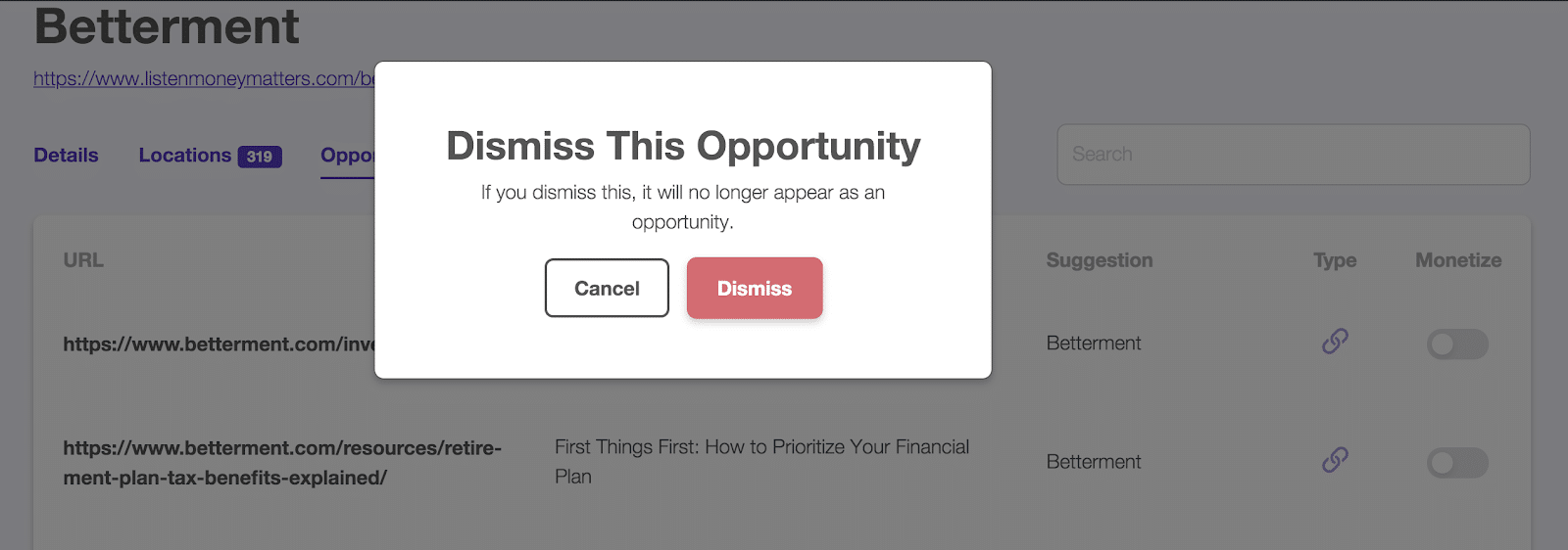 dismiss this opportunity screen display