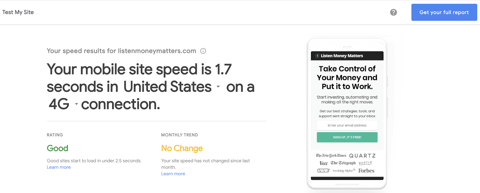 page speed test example