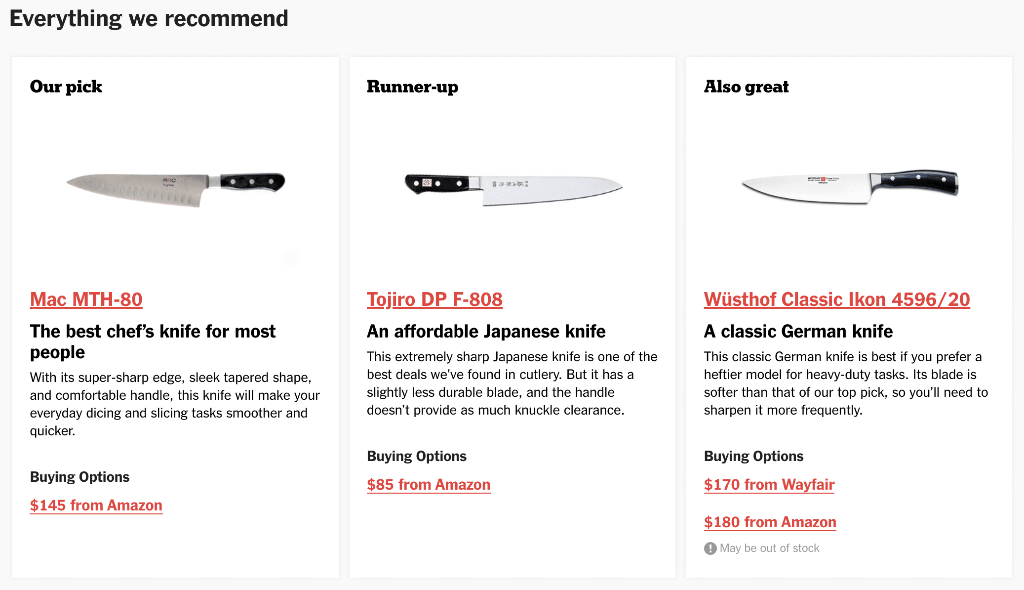 wirecutter example of a comparison table with three different types of knives
