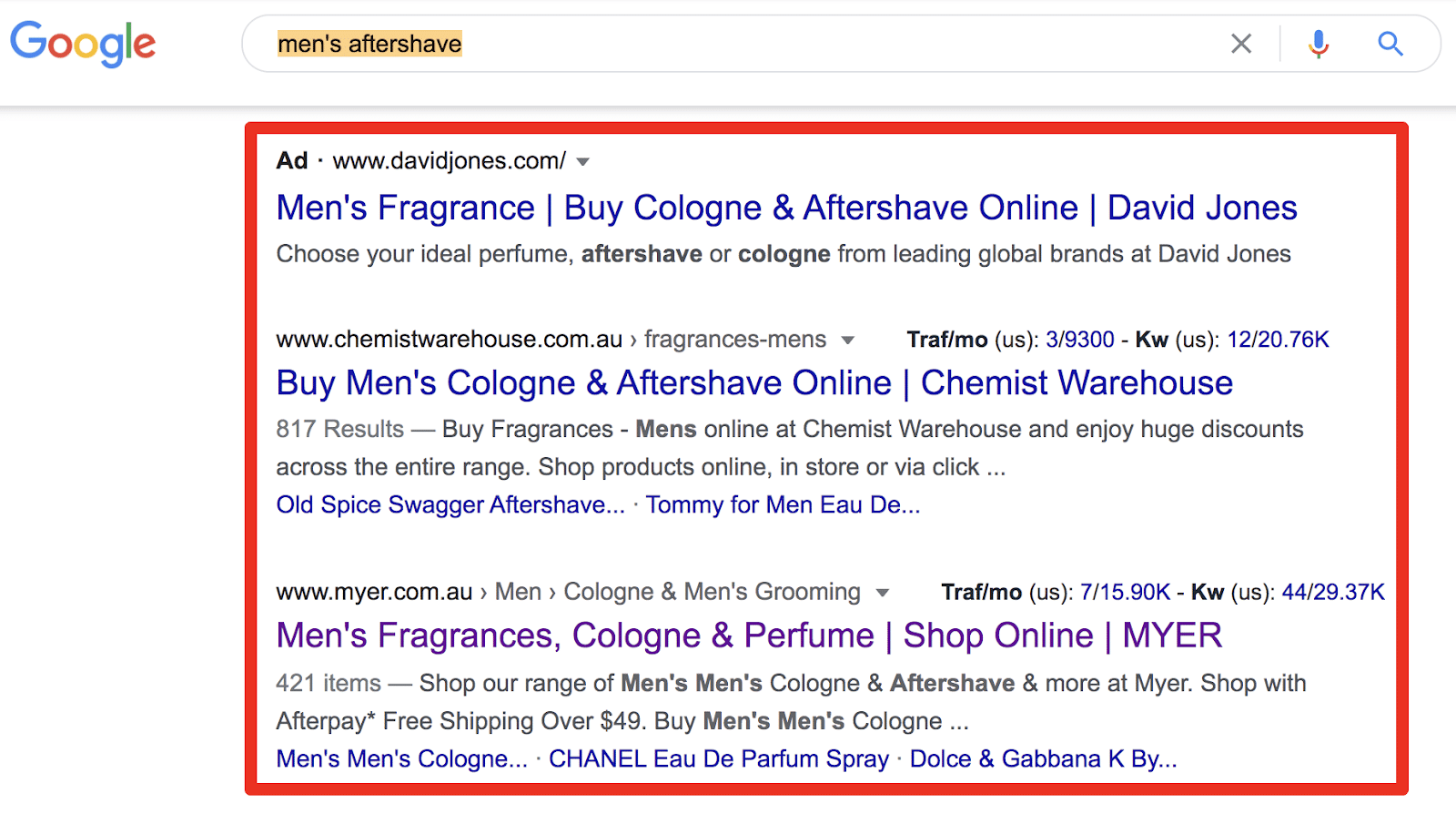 serp results show ecommerce pages when google searching men's aftershave
