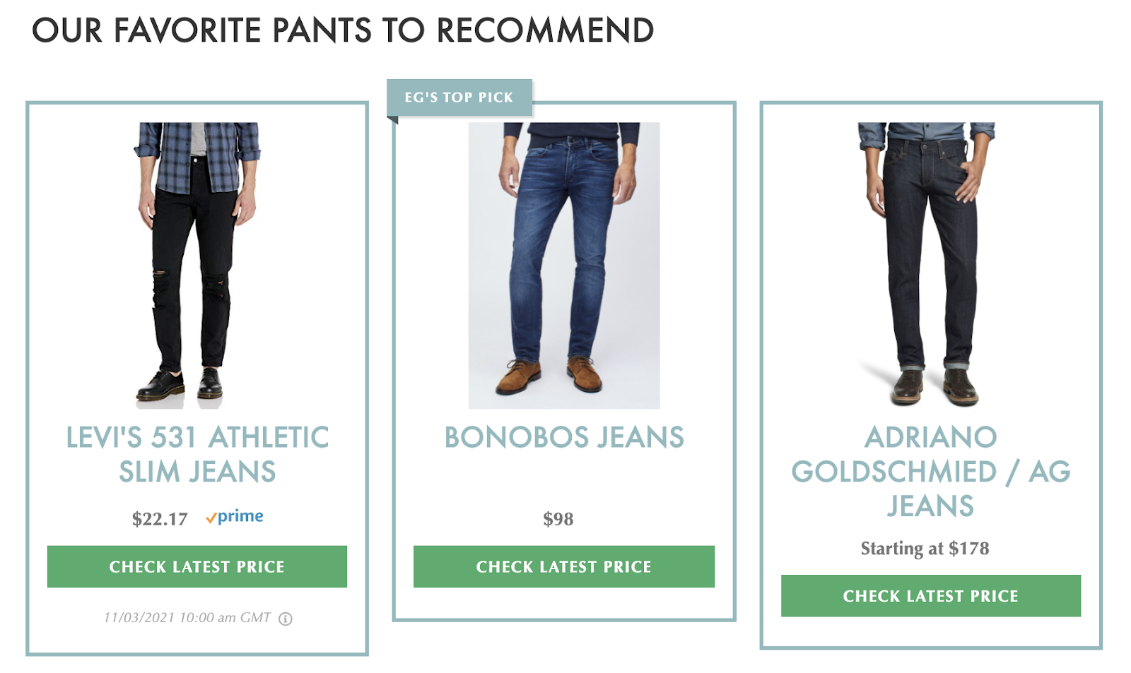 lasso grid display of three favorite pairs of pants on a fashion bloggers site
