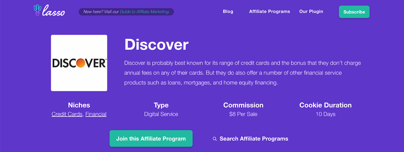 lasso affiliate program details page for discover banking