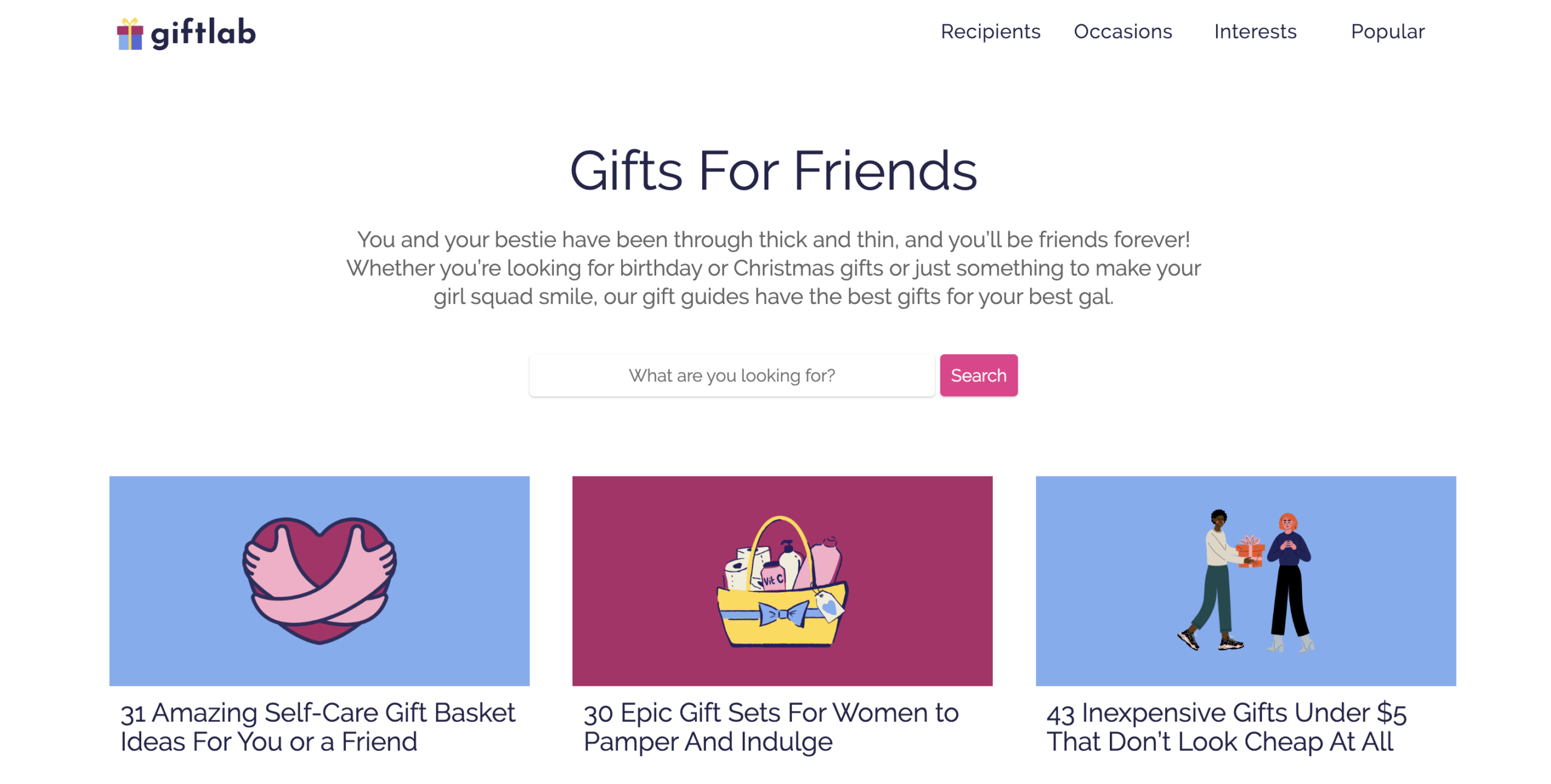 giftlab category page for friend gifts as an amazon affiliate website to model