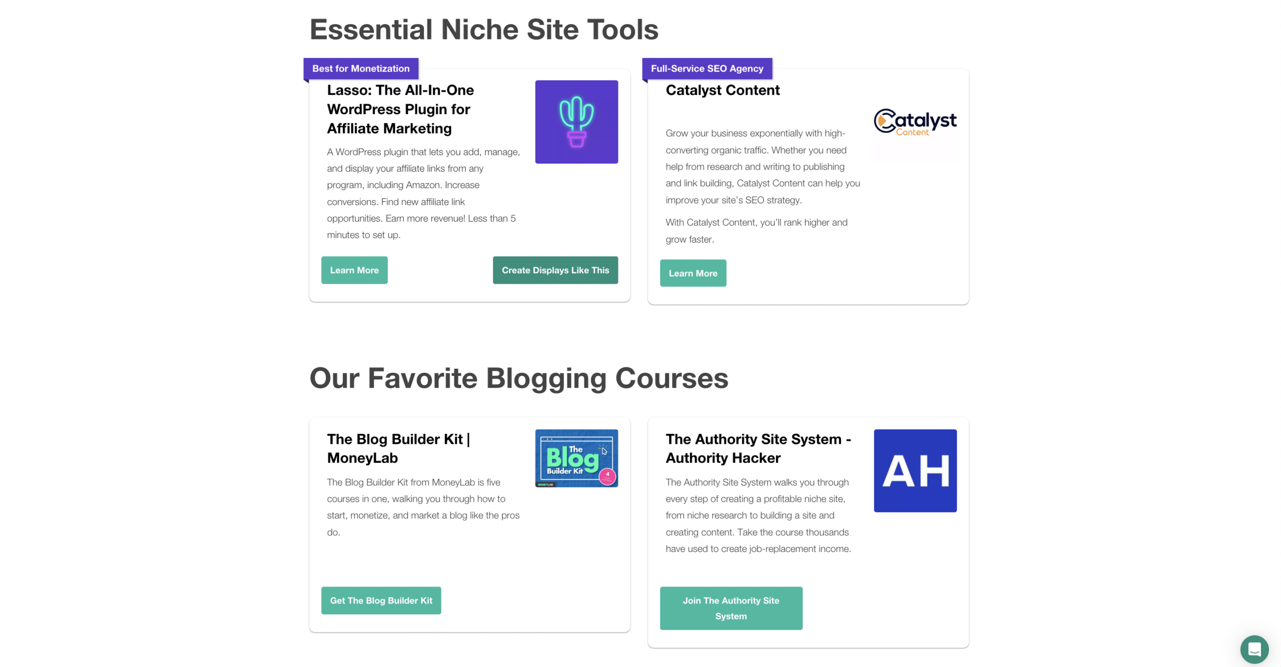 a screenshot of various product displays from our favorite tools and courses resources page on our website for building profitable online businesses
