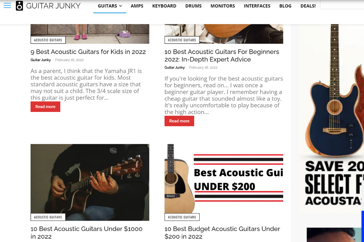The Guitar Junky Affiliate Website Example Content Silo