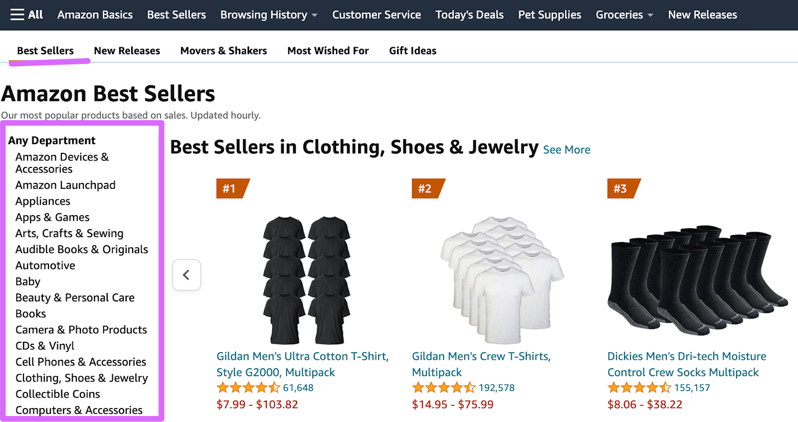 amazon best sellers page categories appearing in left side bar