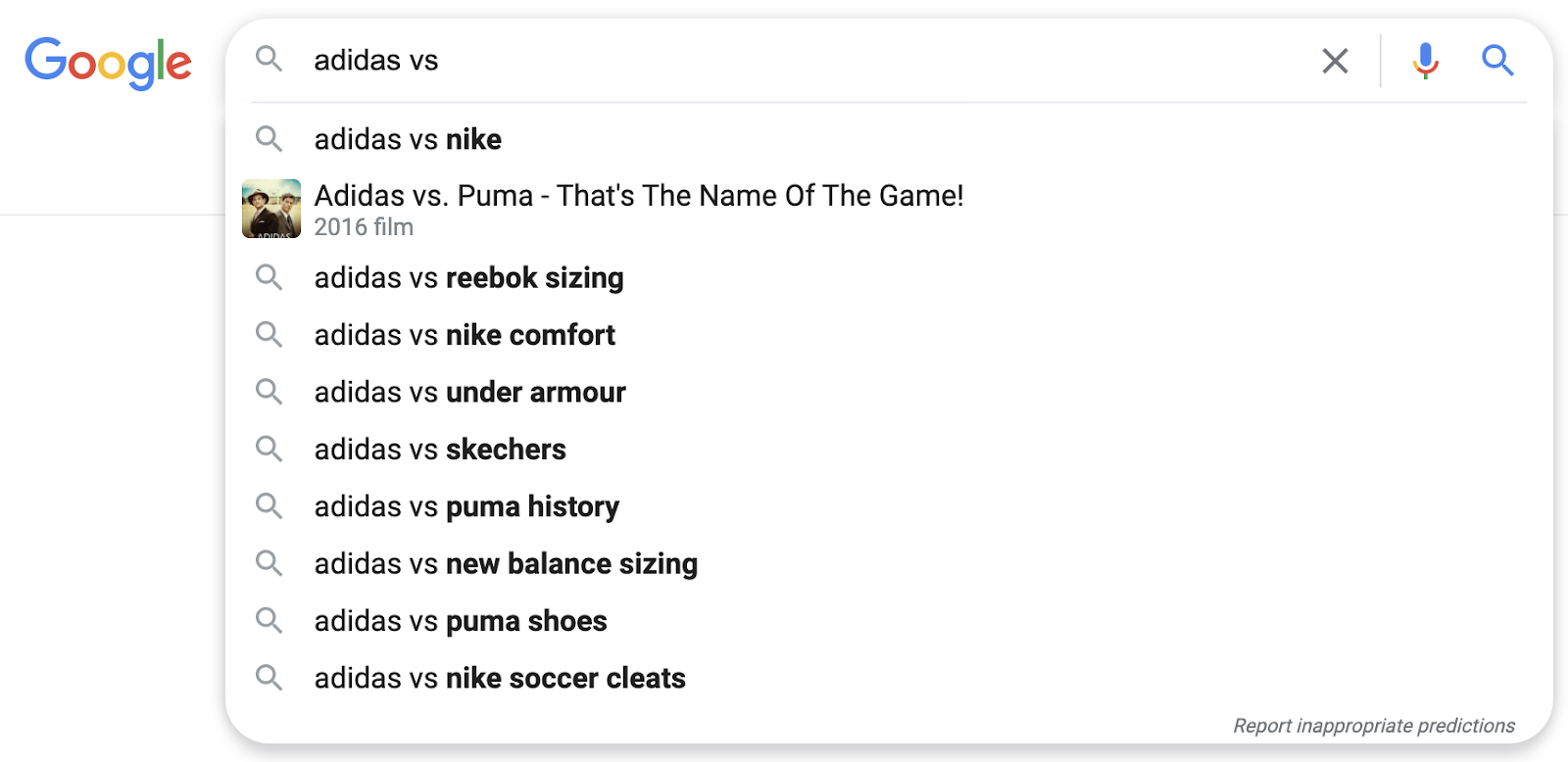 google autosuggest for the term adidas vs