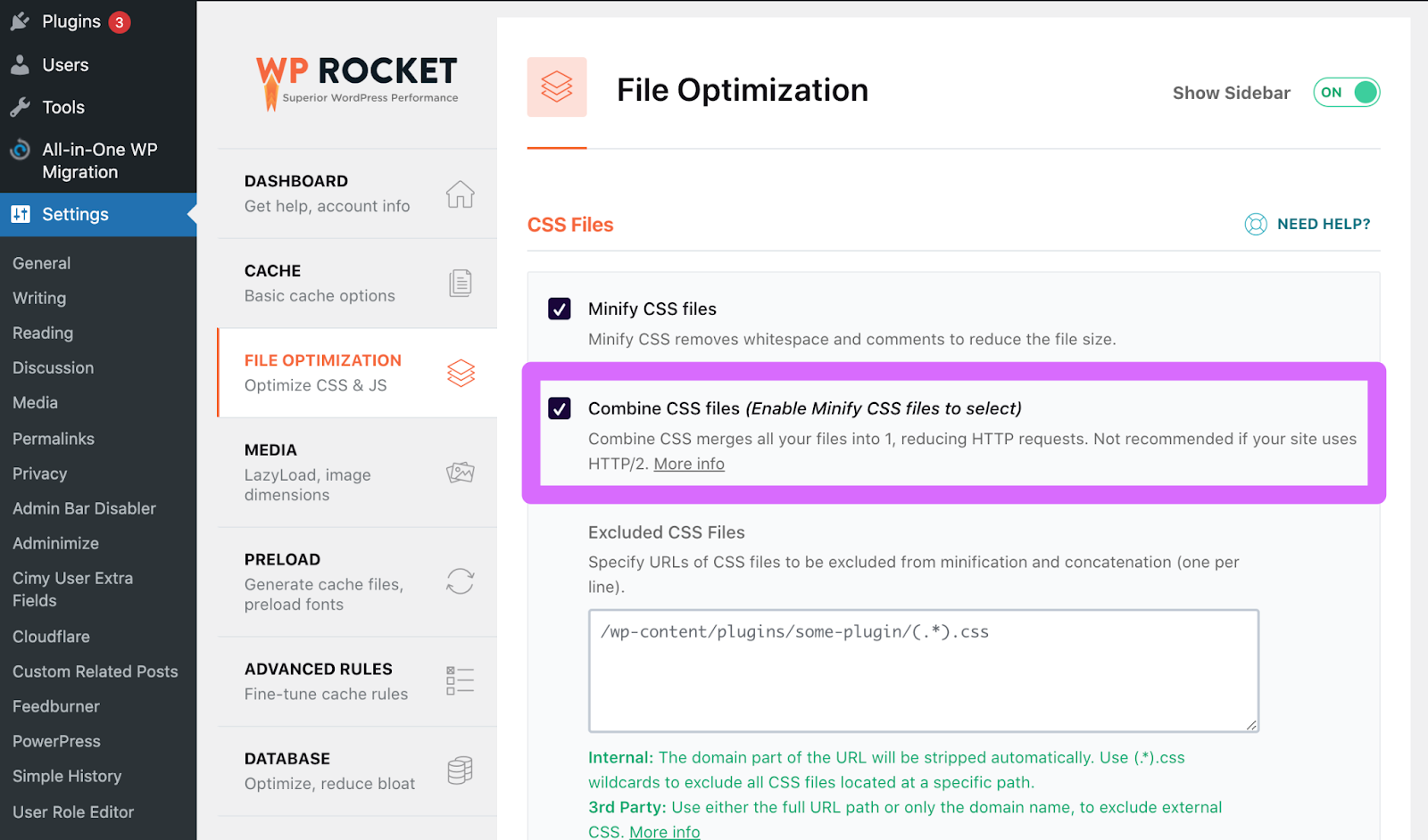 wp rocket combining css files in their settings page