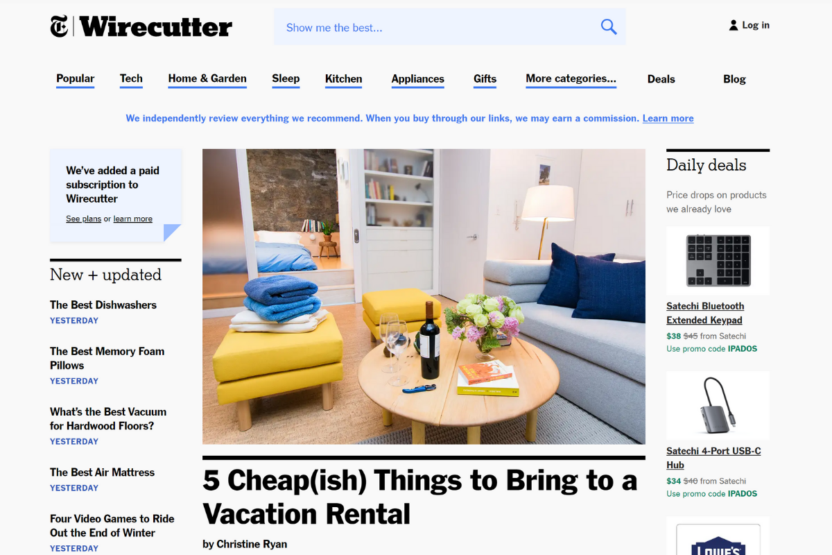 Wirecutter Affiliate Website Example Homepage