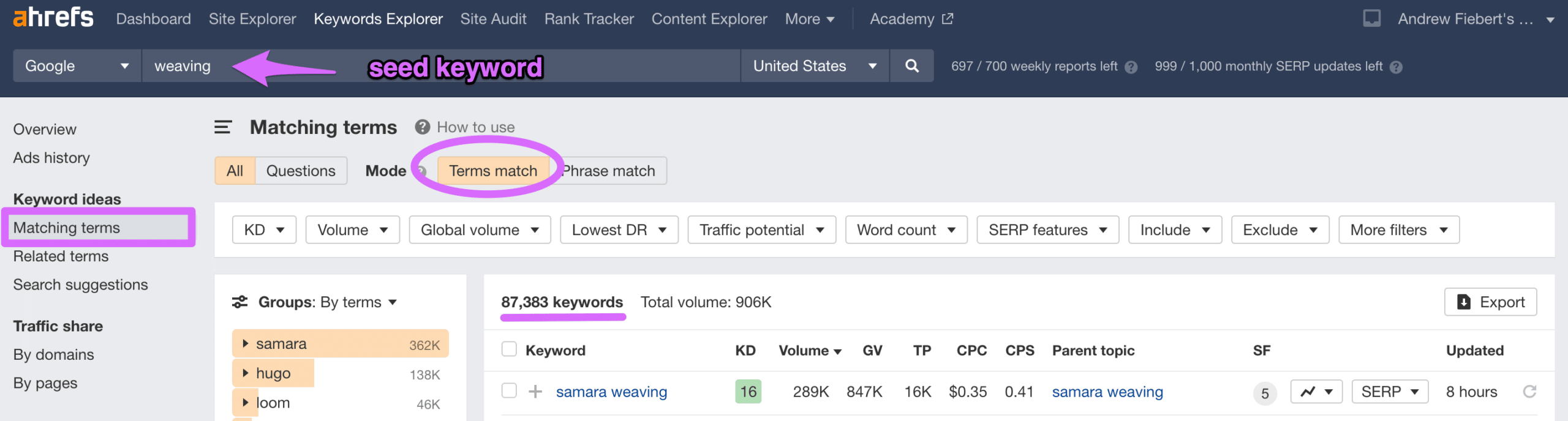 example showing ahrefs seed keyword for finding ideas on how to start a lifestyle blog content ideas