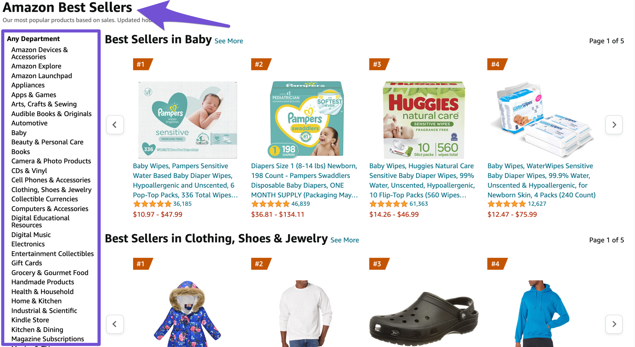 amazon website sidebar containing all best seller categories
