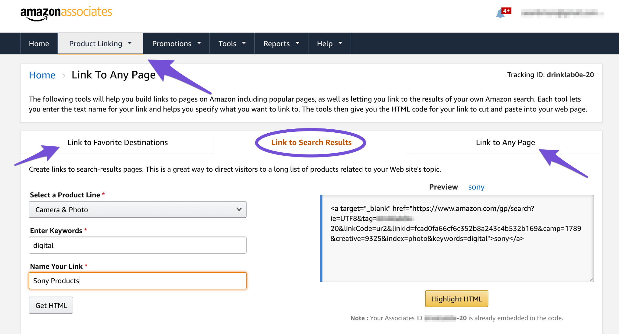 product linking feature in amazon associates account