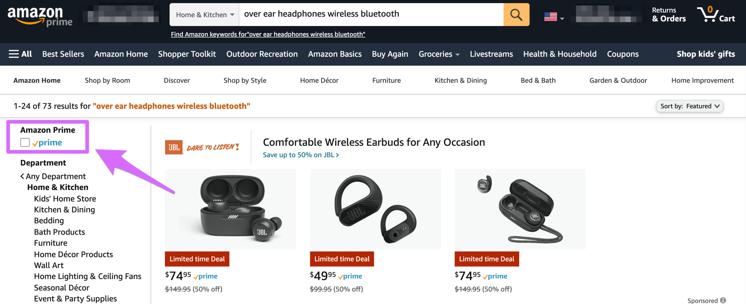 amazon search filter by prime members