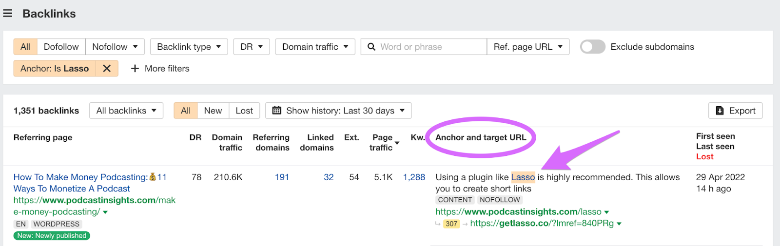 Anchor text and surrounding text in ahrefs