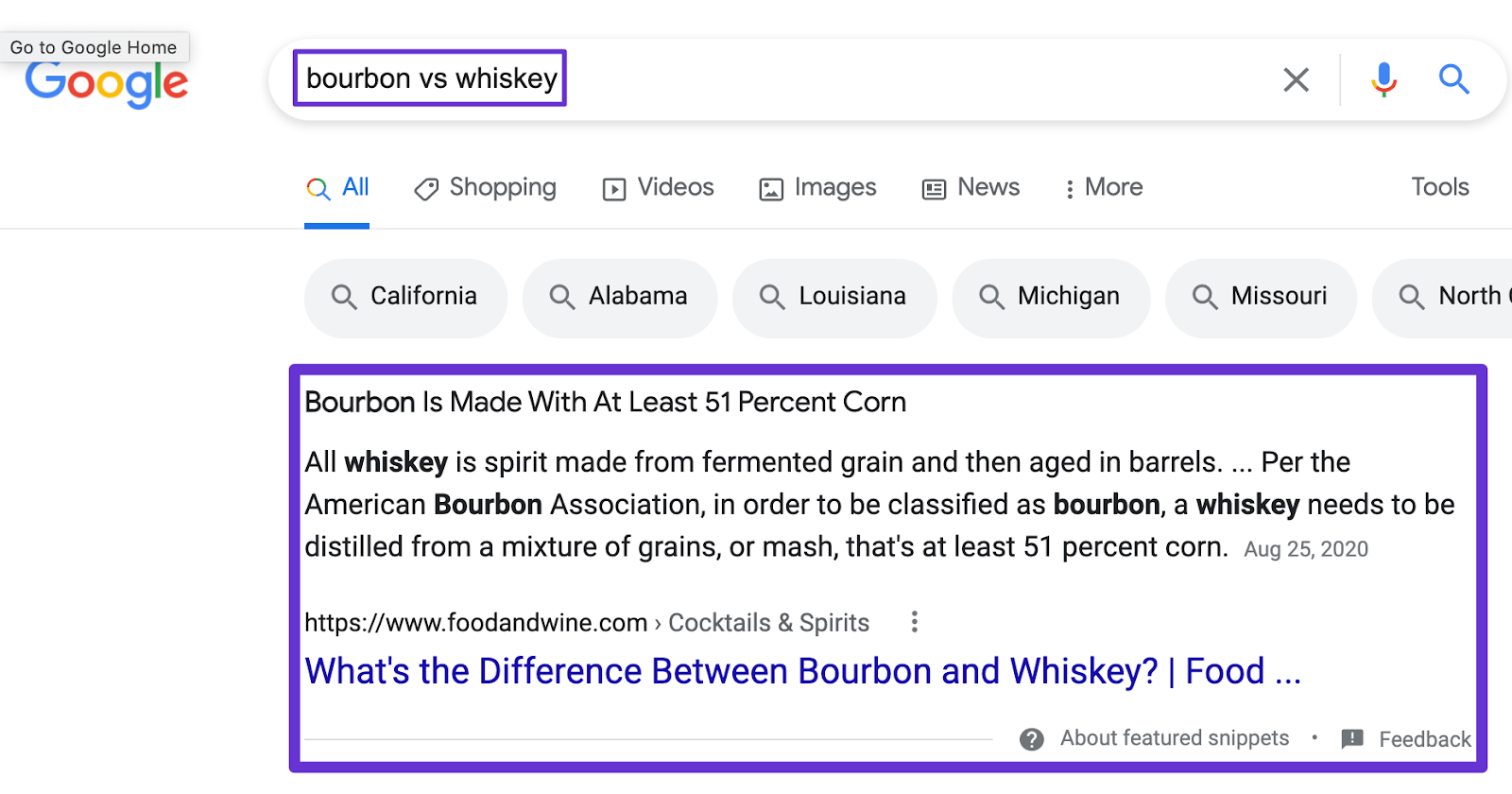 bourbon vs whiskey featured snippet paragraph