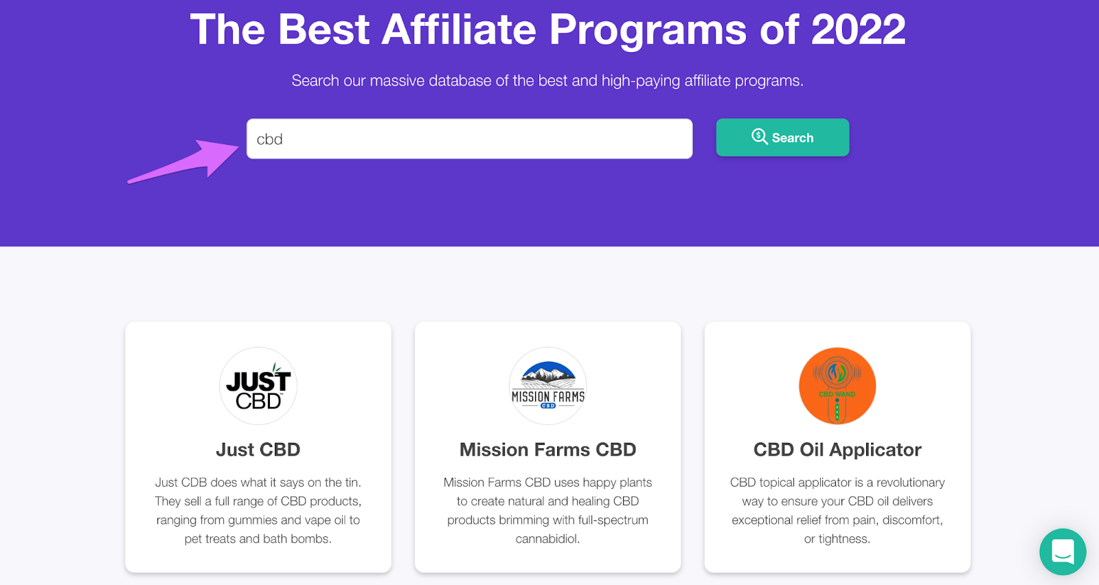 using search bar in lasso affiliate program database to find affiliate programs in the cbd niche
