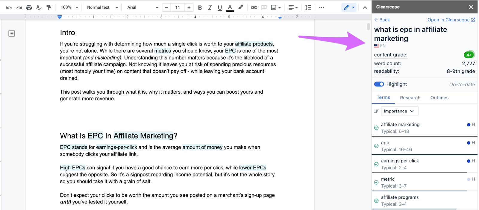 clearscope integrating with google docs in the right bar of the google doc 
