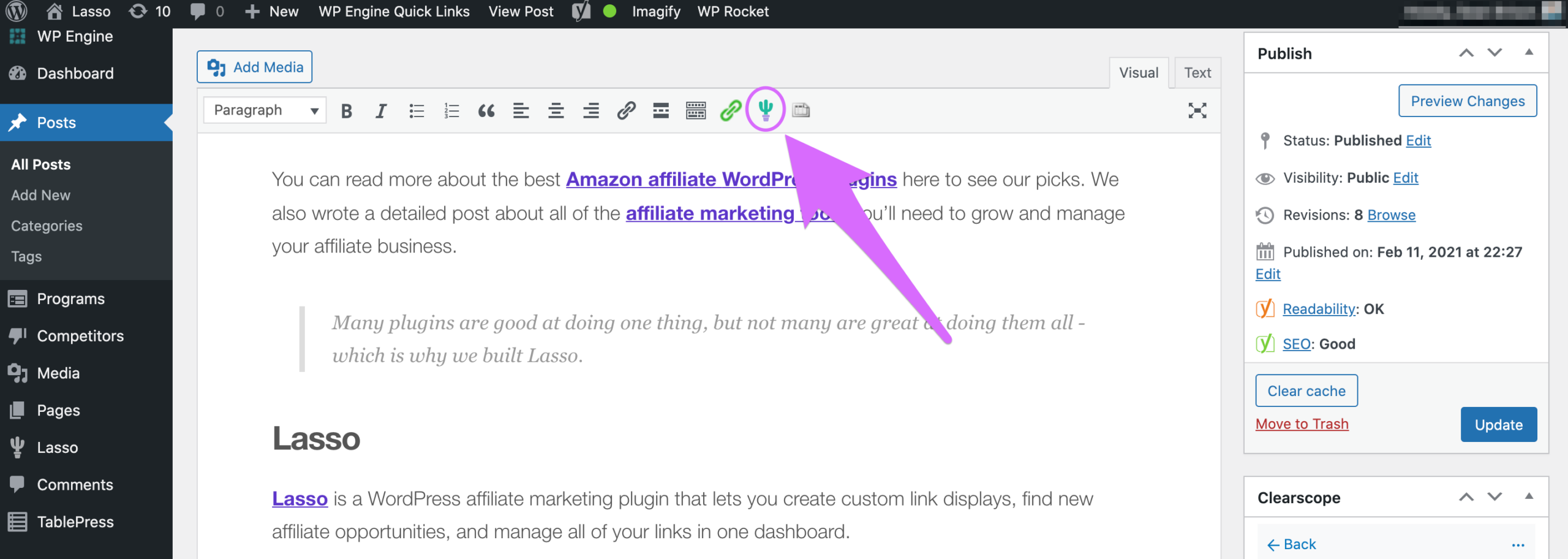 clicking cactus icon to add new link to posts in wordpress