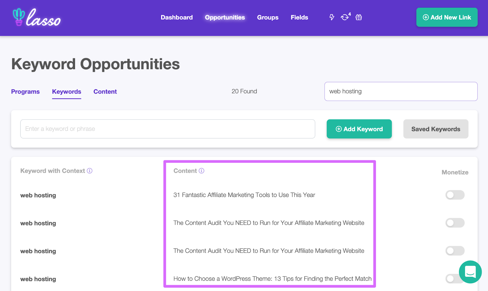 lasso keywording tool detecting every piece of content with your saved keyword