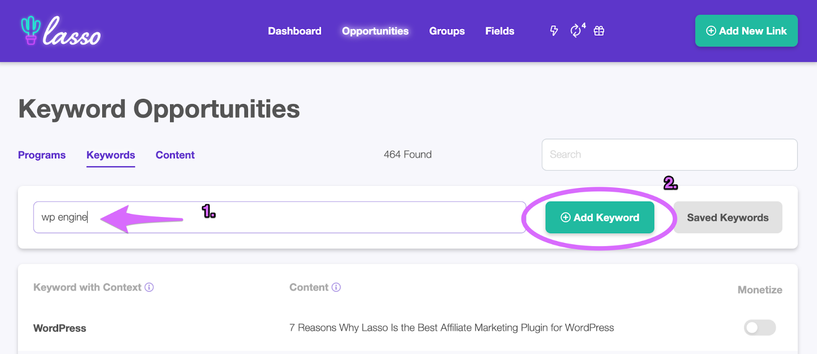 creating a keyword in lasso opportunities dashboard