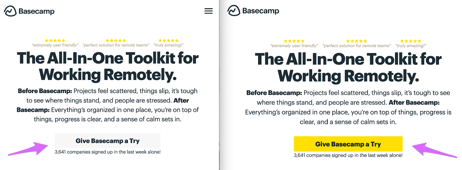 basecamp cta button one version is colored yellow the other is white