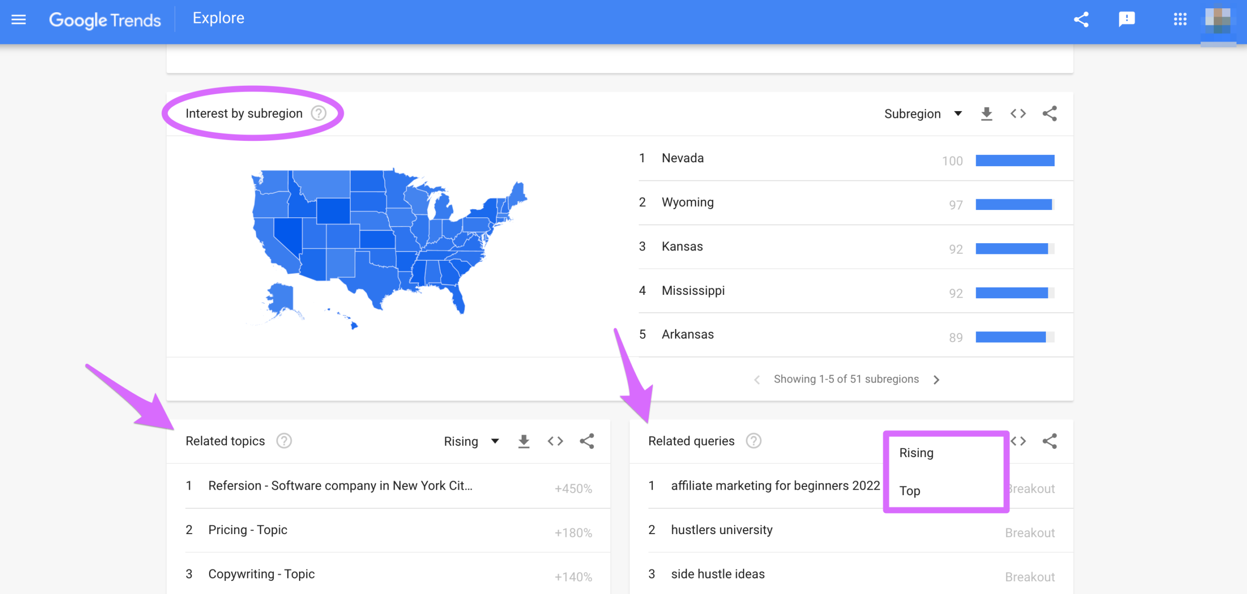 google trends with top query and rising query reports