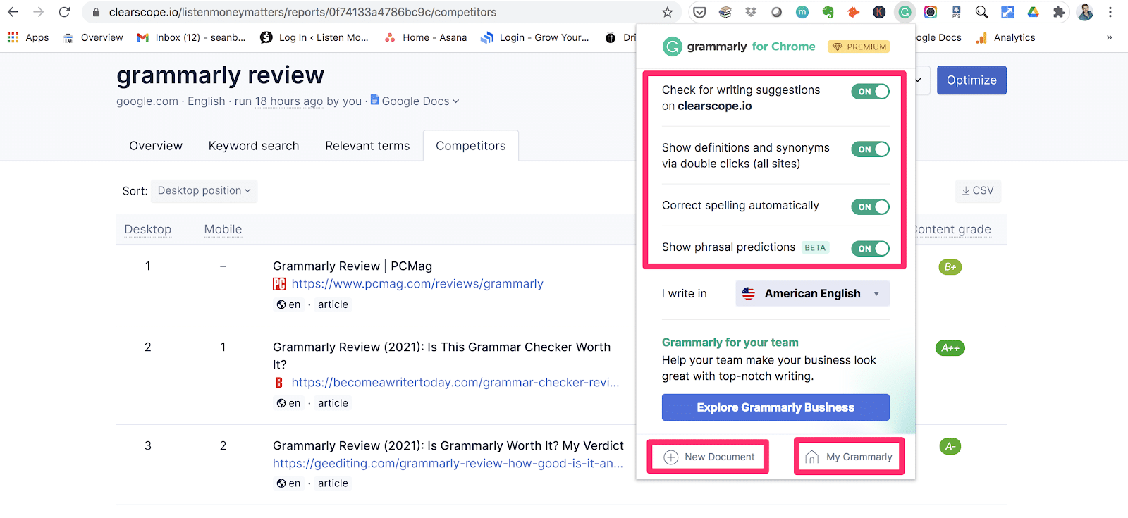 grammarly settings appearing from drop down menu when clicking the g icon in menu bar