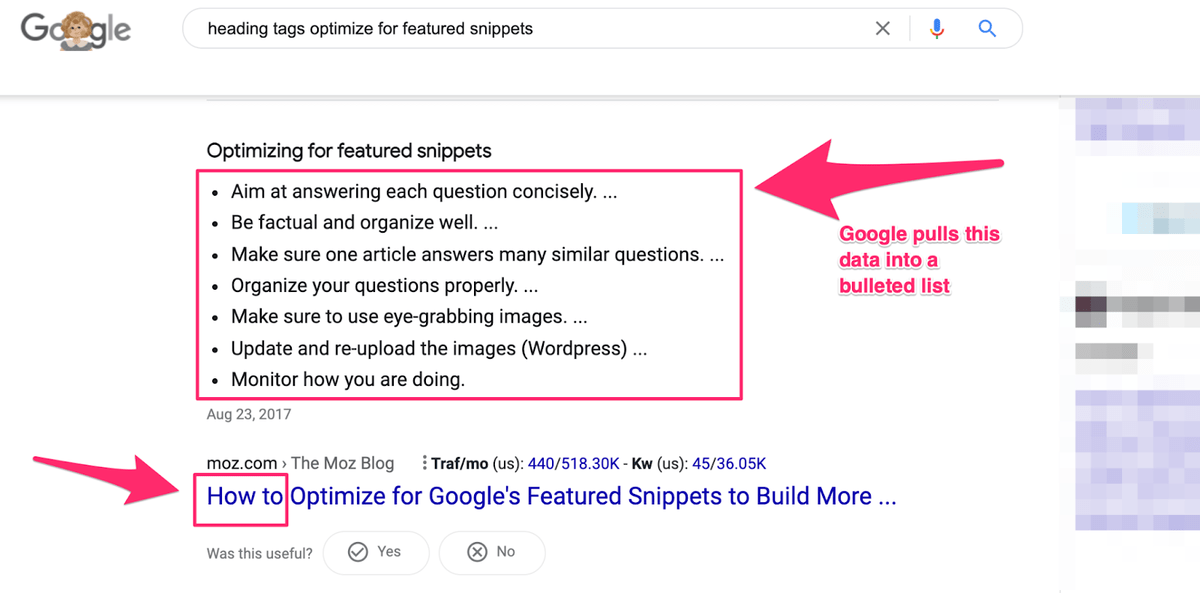 bulleted list featured snippet in serps featuring a how to guide template