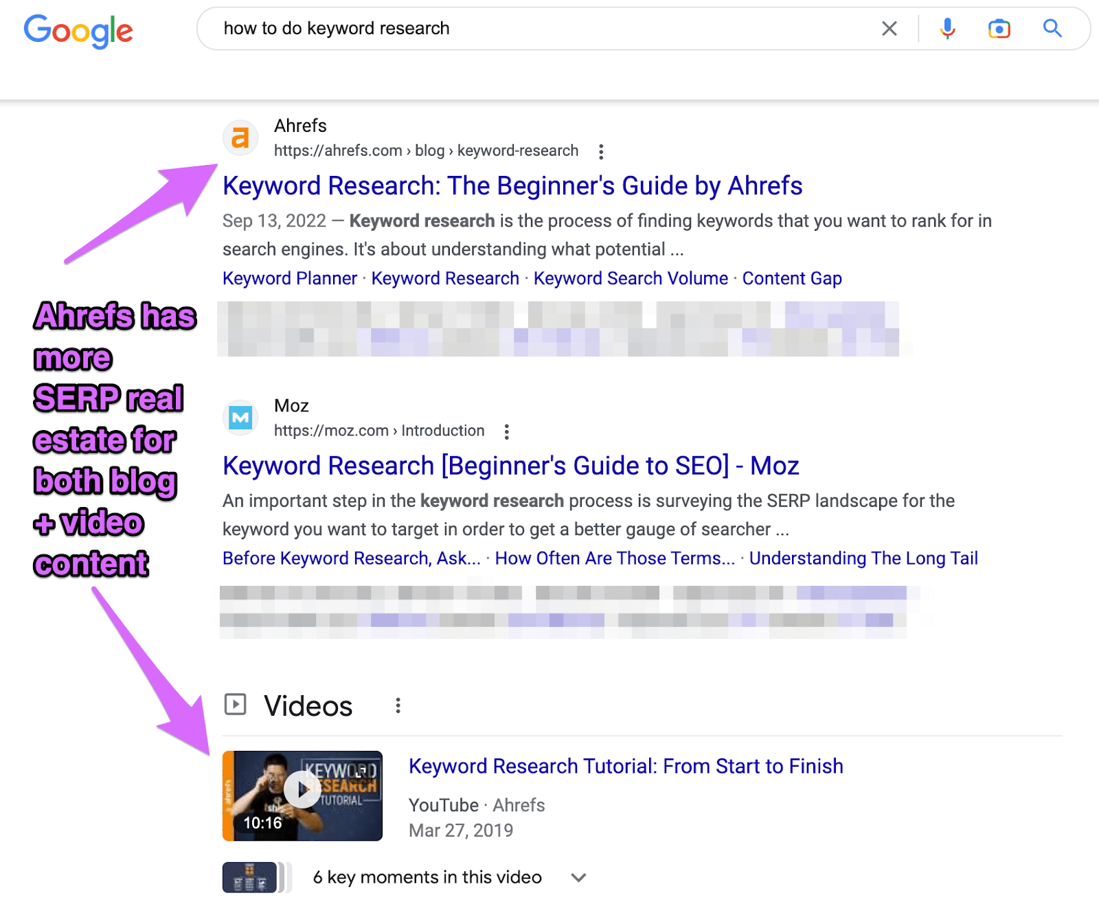 example of the SERP ranking two pieces of content for video and blog content in this post about whether you should build one website vs multiple sites