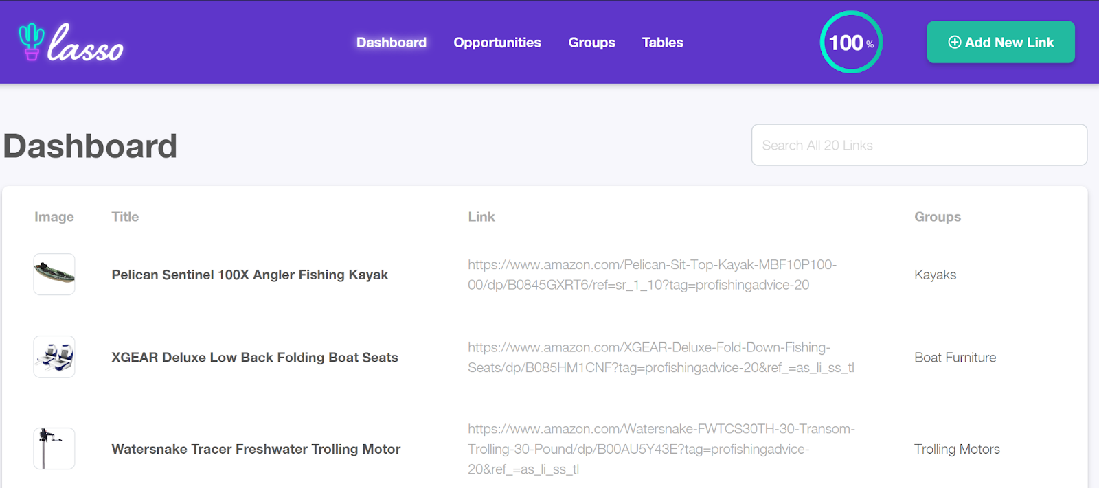 Screenshot of the Lasso Lite WordPress plugin's link management dashboard