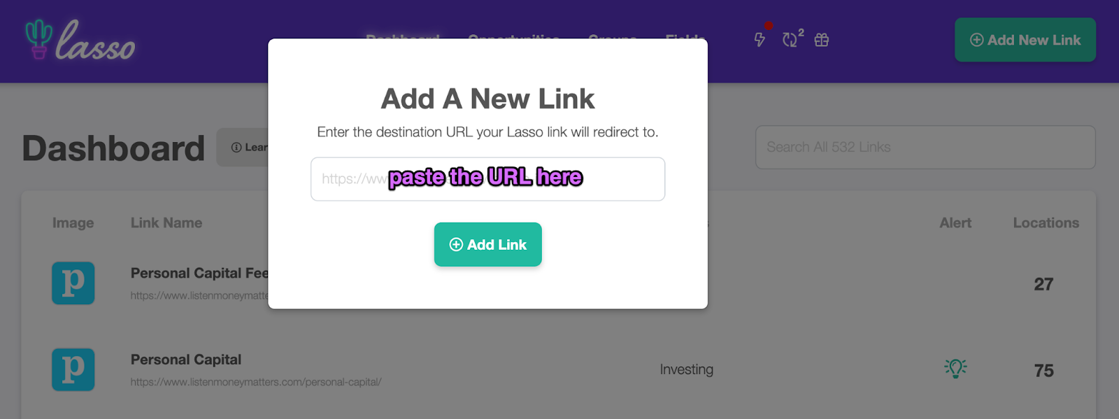 pasting a link into the lasso dashboard