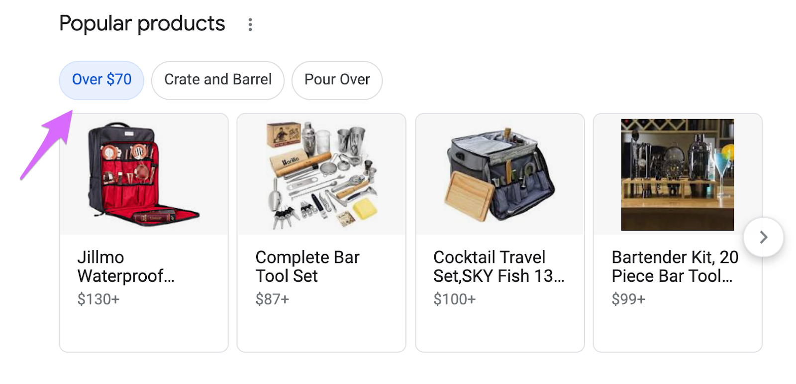google search carousel results for popular products