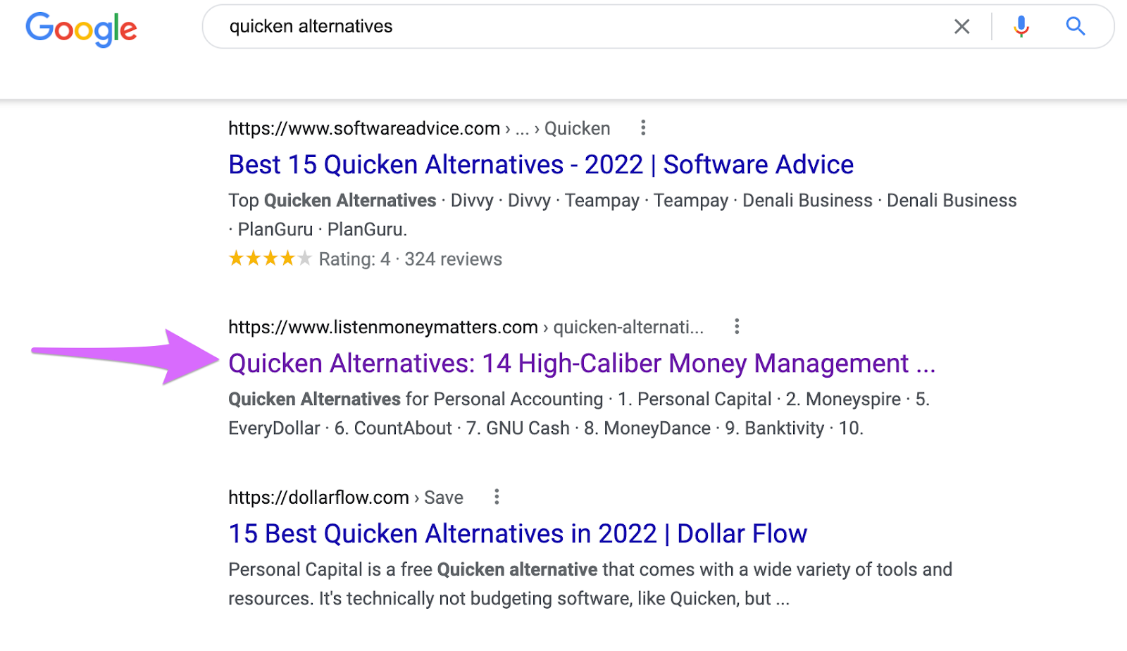 ranking for quicken alternatives in google search engine results